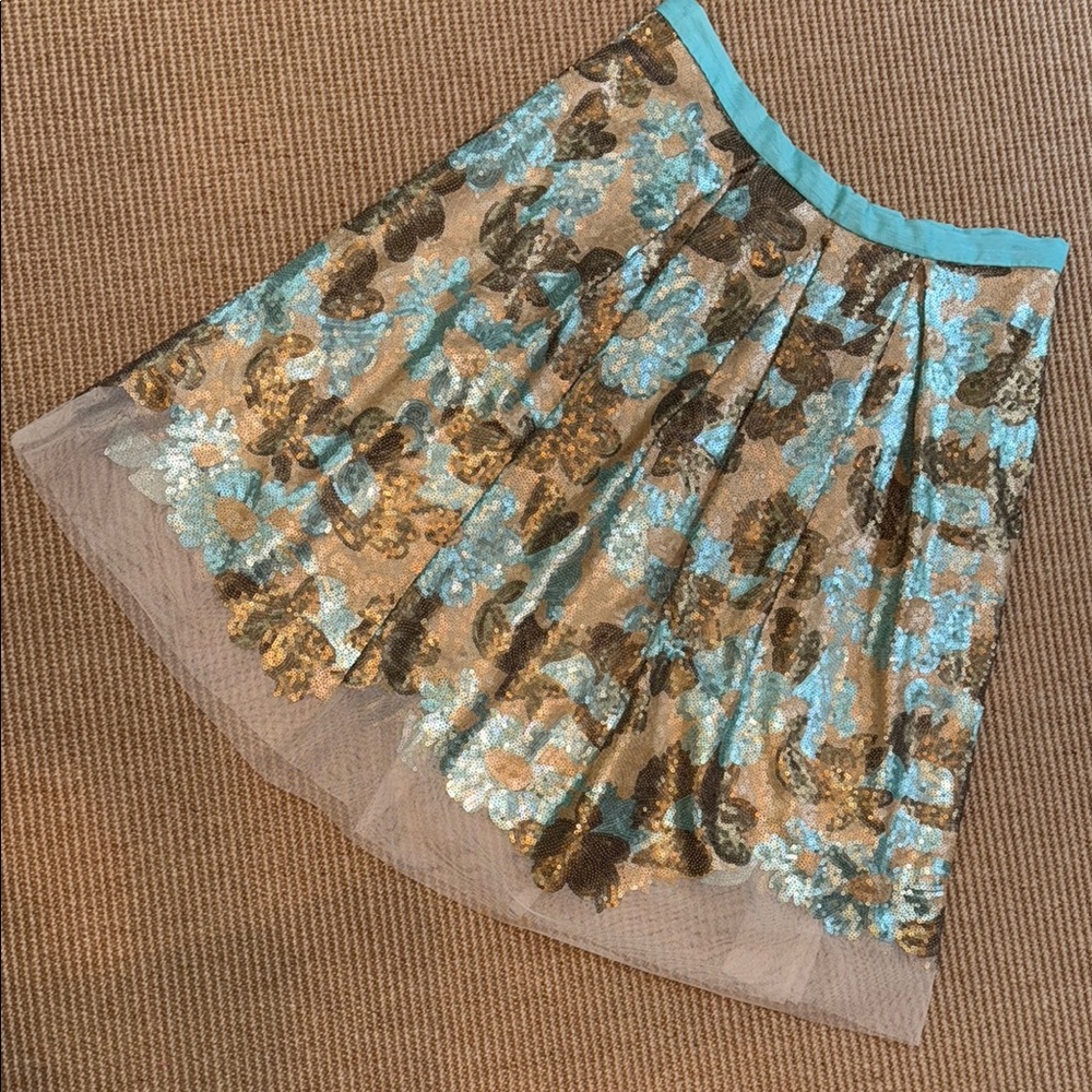 Eva Franco for Anthropologie Gold, Tan & Turquoise Floral Skirt w/ Mini Sequins